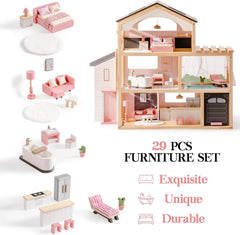 Luxury Wooden Dollhouse – 6 Rooms with Furniture, Elevator & Pool