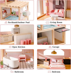 Luxury Wooden Dollhouse – 6 Rooms with Furniture, Elevator & Pool