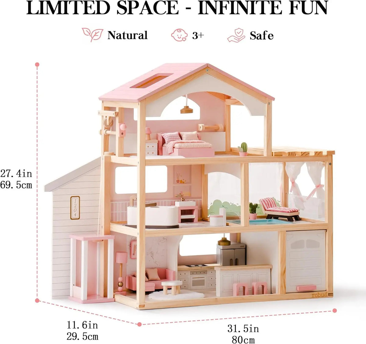 Luxury Wooden Dollhouse – 6 Rooms with Furniture, Elevator & Pool