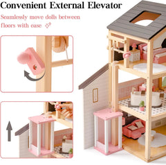 Luxury Wooden Dollhouse – 6 Rooms with Furniture, Elevator & Pool